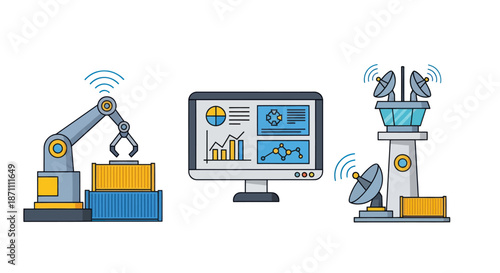 Modern Industrial Automation Technology with Robotic Arm and Data.