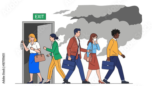Office workers evacuation from building flat color vector illustration. Building occupants follows escape route. People leaving facility 2D cartoon characters with emergency exit sign on background