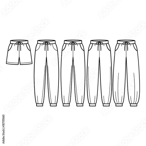 Technical illustration of various styles of loose fitting drawstring pants