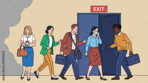 Office workers evacuation from building flat color vector illustration. Building occupants follows escape route. People leaving facility 2D cartoon characters with emergency exit sign on background