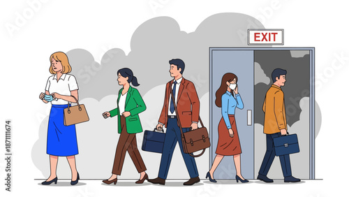 Office workers evacuation from building flat color vector illustration. Building occupants follows escape route. People leaving facility 2D cartoon characters with emergency exit sign on background