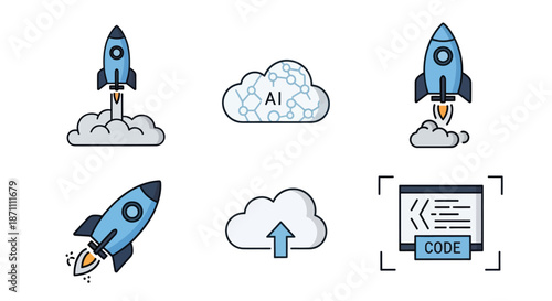 Collection of stylized icons representing space rockets cloud computing and coding.