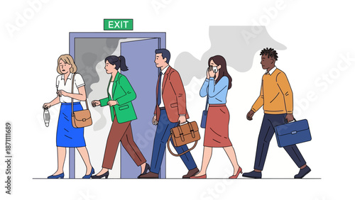 Office workers evacuation from building flat color vector illustration. Building occupants follows escape route. People leaving facility 2D cartoon characters with emergency exit sign on background
