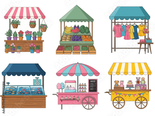 Market stalls flat vector illustrations set. Fair, funfair trade tents, outdoor kiosks and carts. Street shopping places cartoon concepts. Summer market counters for flowers, vegetables, clothes goods