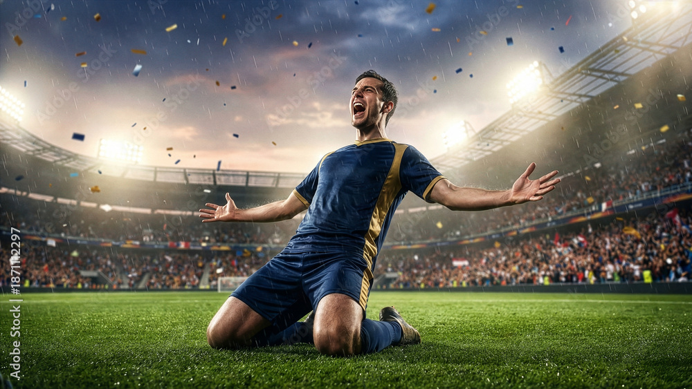 Naklejka premium Soccer Player Celebrating Goal on Knees in Packed Stadium with Confetti and Rain
