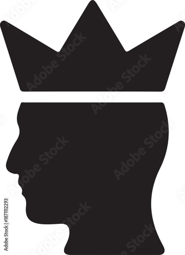 Royal profile head icon silhouette, Minimal black profile head with crown icon symbolizing leadership, authority, monarchy, strategy, or elite status in flat graphic style.

