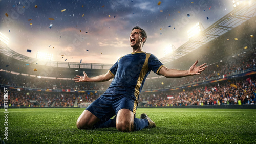 Soccer Player Celebrating Goal on Knees in Packed Stadium with Confetti and Rain