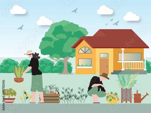 Urban Gardening and Sustainable Living Concept - Couple tending to plants