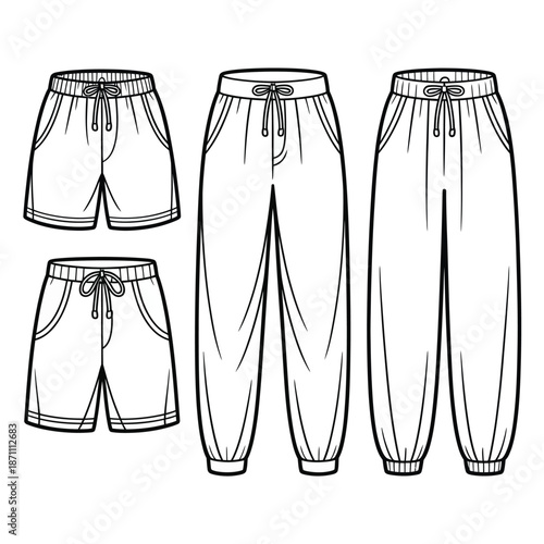 Fashion technical illustration of various drawstring shorts and pants designs