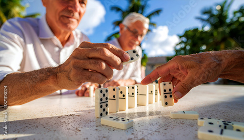Elderly men playing dominoes in Caribbean town