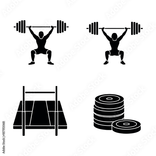 Gym equipment and weightlifting icons Vector