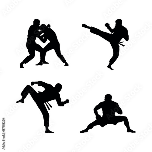 Martial arts silhouettes showcasing various techniques and poses Vector