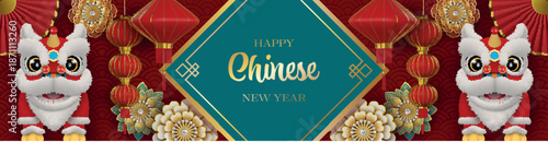 chinese new year banner with funny chinese lions, lanterns and flowers. 