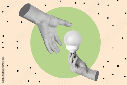 Collage of a man hand giving to another man hand a light bulb on a green circle on a pink background with black dots