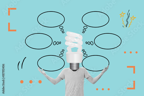 Collage of a man with a light bulb on the head and thinking bubbles on a light blue background