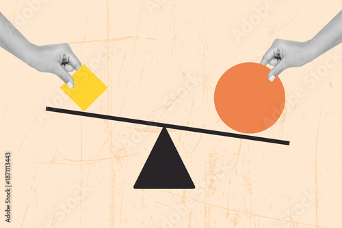 Collage of women hands putting a circle and a square on a balance on a pink background