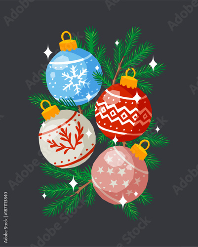 Festive Christmas vector illustration with colorful ornaments hanging on fir branches, sparkling details and cozy winter mood. 