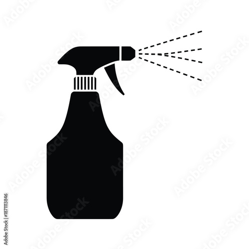 A simple black and white illustration of a spray bottle in use
