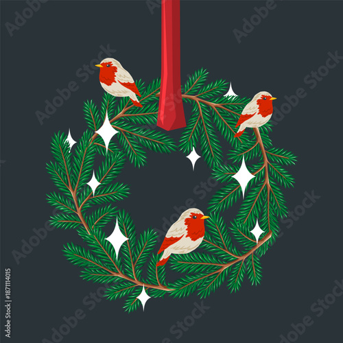Festive Christmas vector illustration of a fir wreath decorated with robins, sparkles and a red ribbon.
