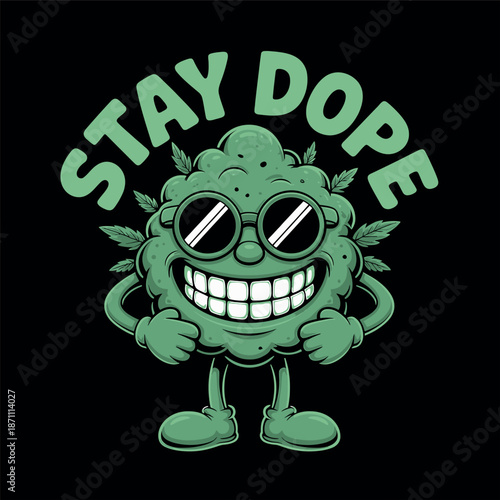 Stay dope cartoon marijuana character with sunglasses Vector