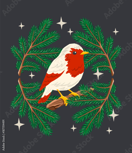 Charming Christmas vector illustration of a robin sitting on a pine wreath, surrounded by winter sparkles.