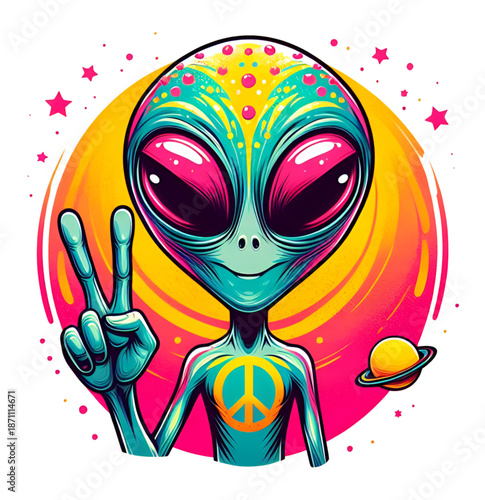 Psychedelic Alien with Peace Symbol and Cosmic Background