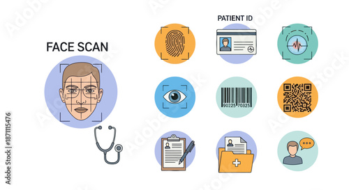 Face Scan with Stethoscope and Medical Icons Representing Patient Identification.