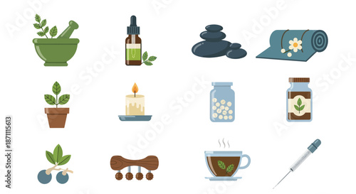 Set of colorful flat icons for herbal medicine spa aromatherapy and holistic wellness.