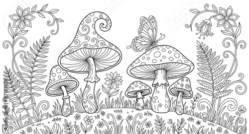 
Black and white line art depicting a fairytale mushroom forest scene; exquisite black-and-white line art of plants, suitable for coloring books, educational materials, and journal decoration.