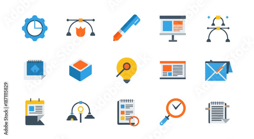 A colorful collection of modern flat design icons for business creativity and project management.