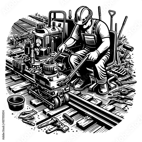 Railway Worker Operating Track Machine