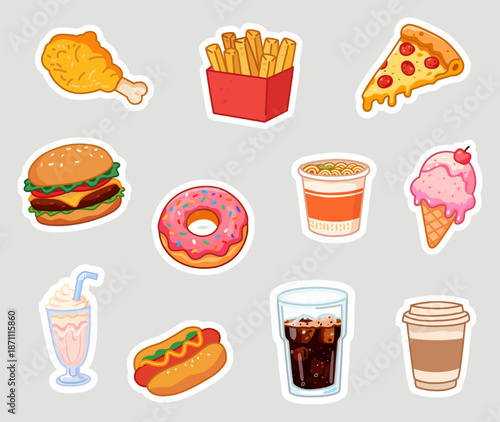 A collection of flat fast food icons, including illustrations of hamburgers, fries, and cola, suitable for menus, cafe posters, and advertising design.