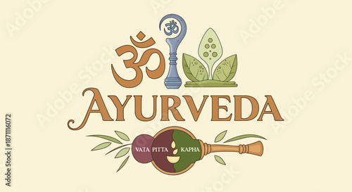 Ayurveda Logo with Om Symbol Spoon and Botanical Elements.