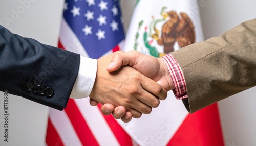 Handshake between US and Mexico delegates in front of flags on wooden conference table