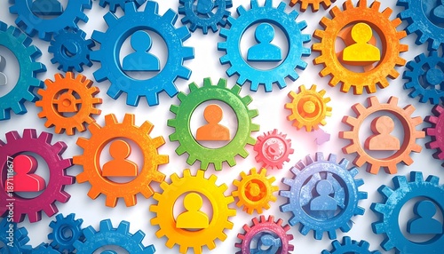 Interlocking colorful gears with human silhouettes symbolizing teamwork and system integration.