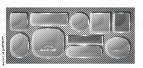 Set of vector realistic glass frames with gloss effect on transparent background for creative graphic design and web interfaces