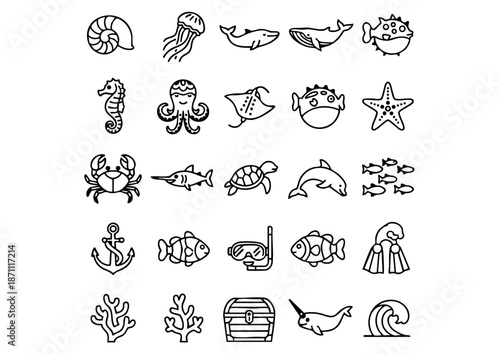 Minimalist Ocean Life Vector Icon Set, Marine Biology Line Art Collection, Black and White Nautical Graphic Elements