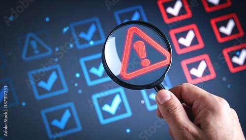 Magnifying glass highlighting digital warning icon amid verified checkmarks, symbolizing risk detection and anomaly analysis.
