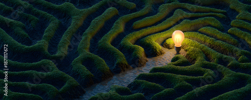 A glowing lightbulb sits at the center of a sprawling, green maze, symbolizing an idea or solution within a complex problem