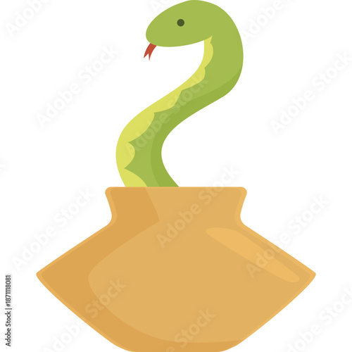 Cartoon green snake emerging from a pot
