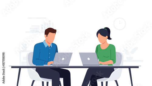 Business people man woman working laptops office desk collaboration team white background professional setting