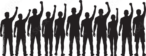 Black silhouette of a diverse group of people raising fists in the air, symbolizing protest, revolution, unity, and strength on white background.