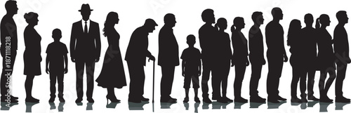 Black silhouette of a diverse group of people standing in a long queue, men women children and seniors waiting in a line,