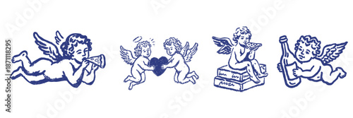 Hand drawn romantic cupid cherub doodles with pizza and champagne for valentines day