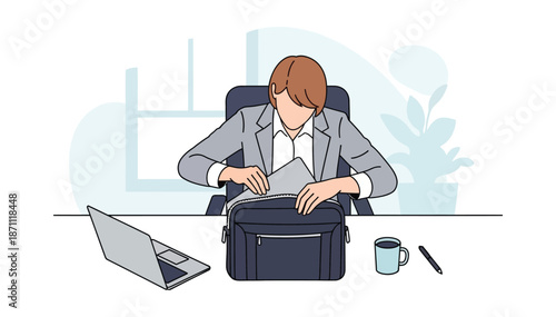 Person packing papers into a bag at an office desk with a laptop and coffee mug nearby clean modern illustration