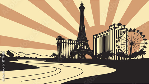 Las vegas skyline silhouette at sunset, featuring iconic landmarks. Perfect for travel, tourism, and city concepts in graphic design projects.