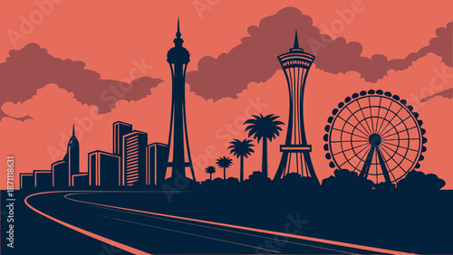 Las vegas skyline and high roller wheel creates iconic nevada panorama. Suitable for travel brochures, city guides, or tourist advertisements.