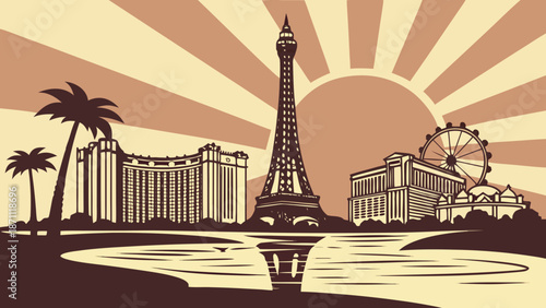 Las vegas skyline with eiffel tower and ferris wheel captured in vibrant detail, a perfect addition for travel brochures or city guides.