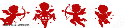 Red cupid silhouette set with bow arrow wings and hearts romantic valentine love illustration isolated on transparent background