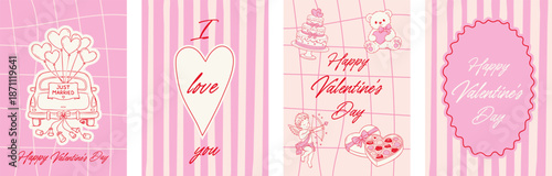 Valentine greeting card set with hearts cupid wedding car teddy cake and handwritten lettering on pink striped and grid backgrounds romantic love design